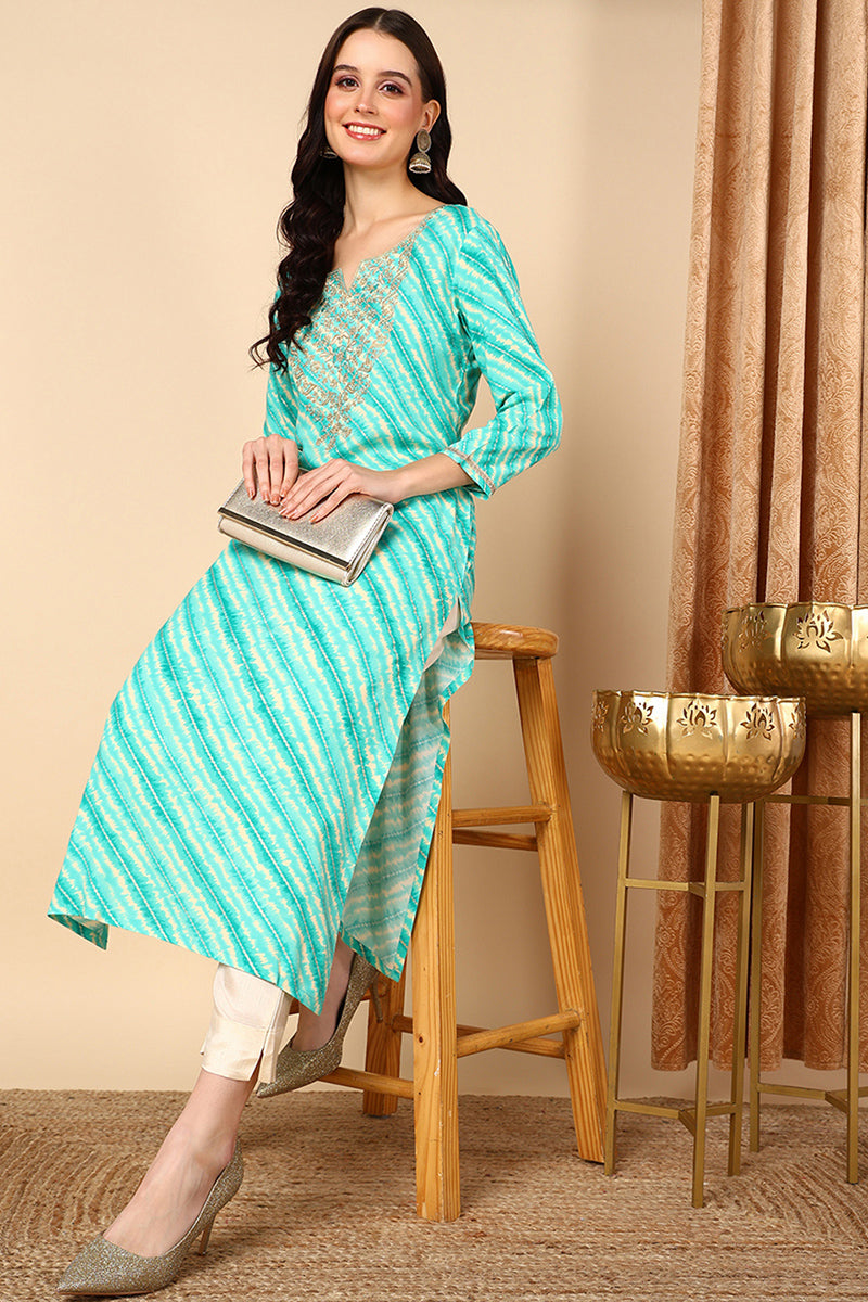 Plus Size Sea Green Viscose Rayon Leheriya Printed Straight Kurta VCK9629