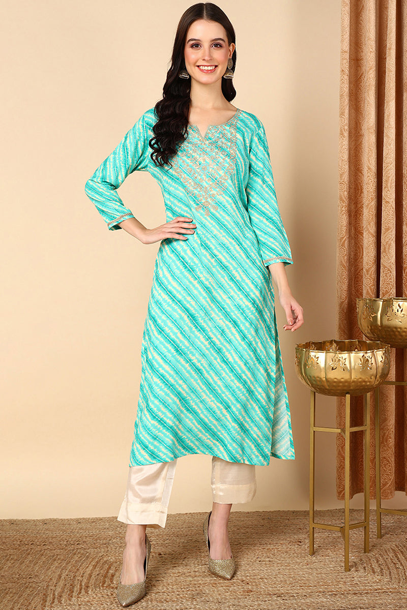 Plus Size Sea Green Viscose Rayon Leheriya Printed Straight Kurta VCK9629