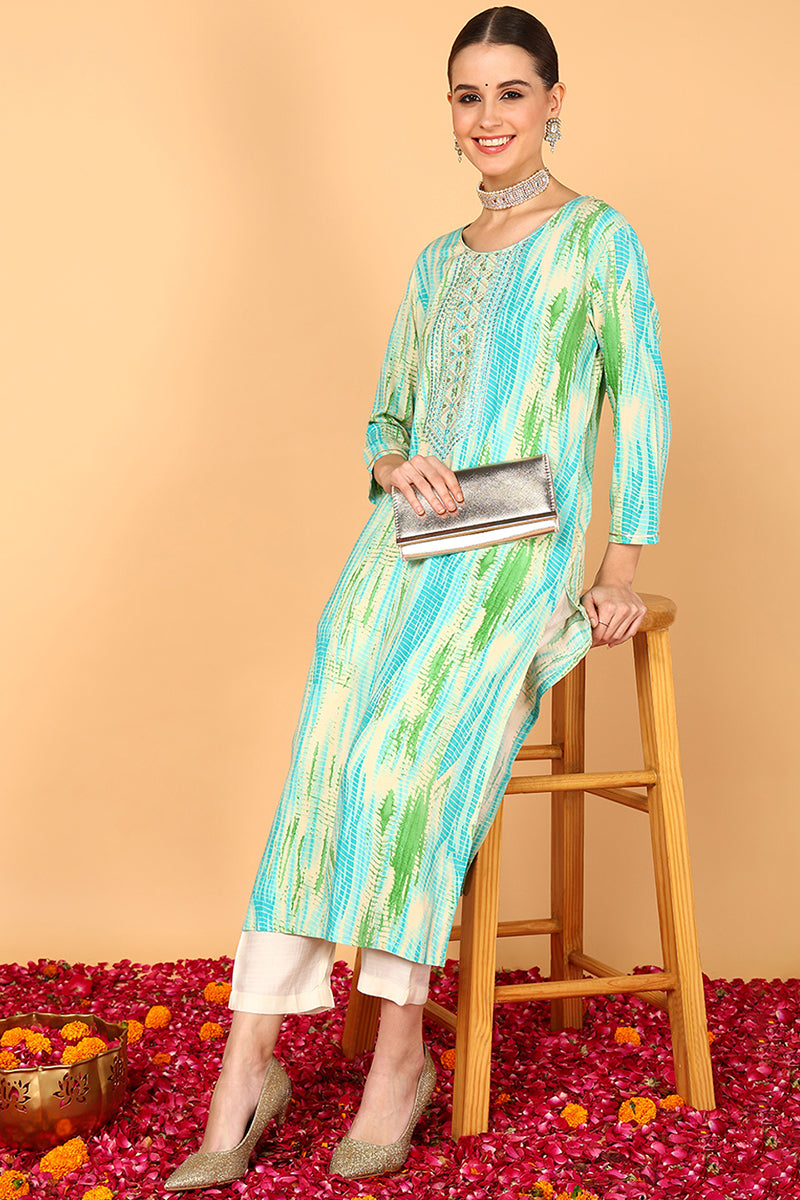 Plus Size Turquoise Blue Viscose Rayon Abstract Printed Straight Kurta VCK9631