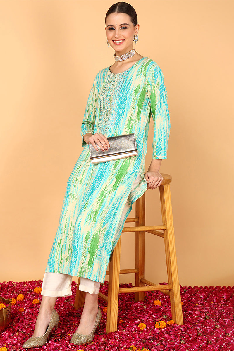 Turquoise Blue Viscose Rayon Abstract Printed Straight Kurta VCK9631