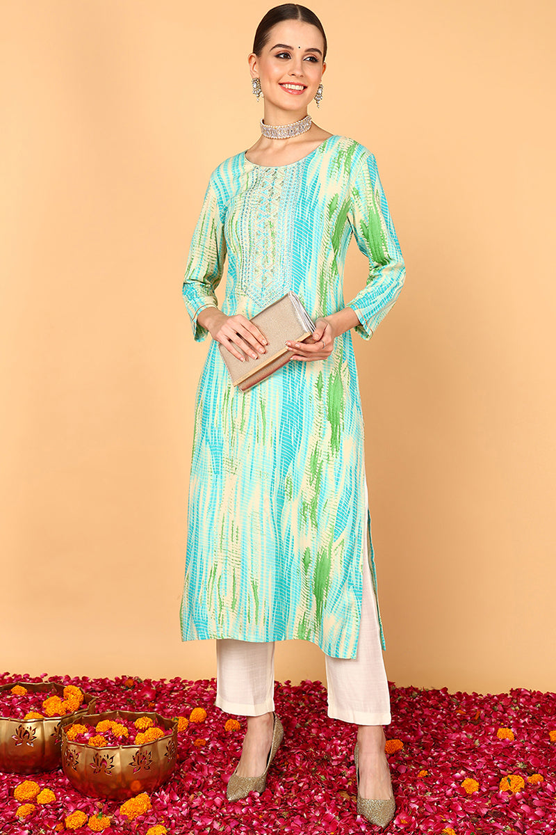 Turquoise Blue Viscose Rayon Abstract Printed Straight Kurta VCK9631