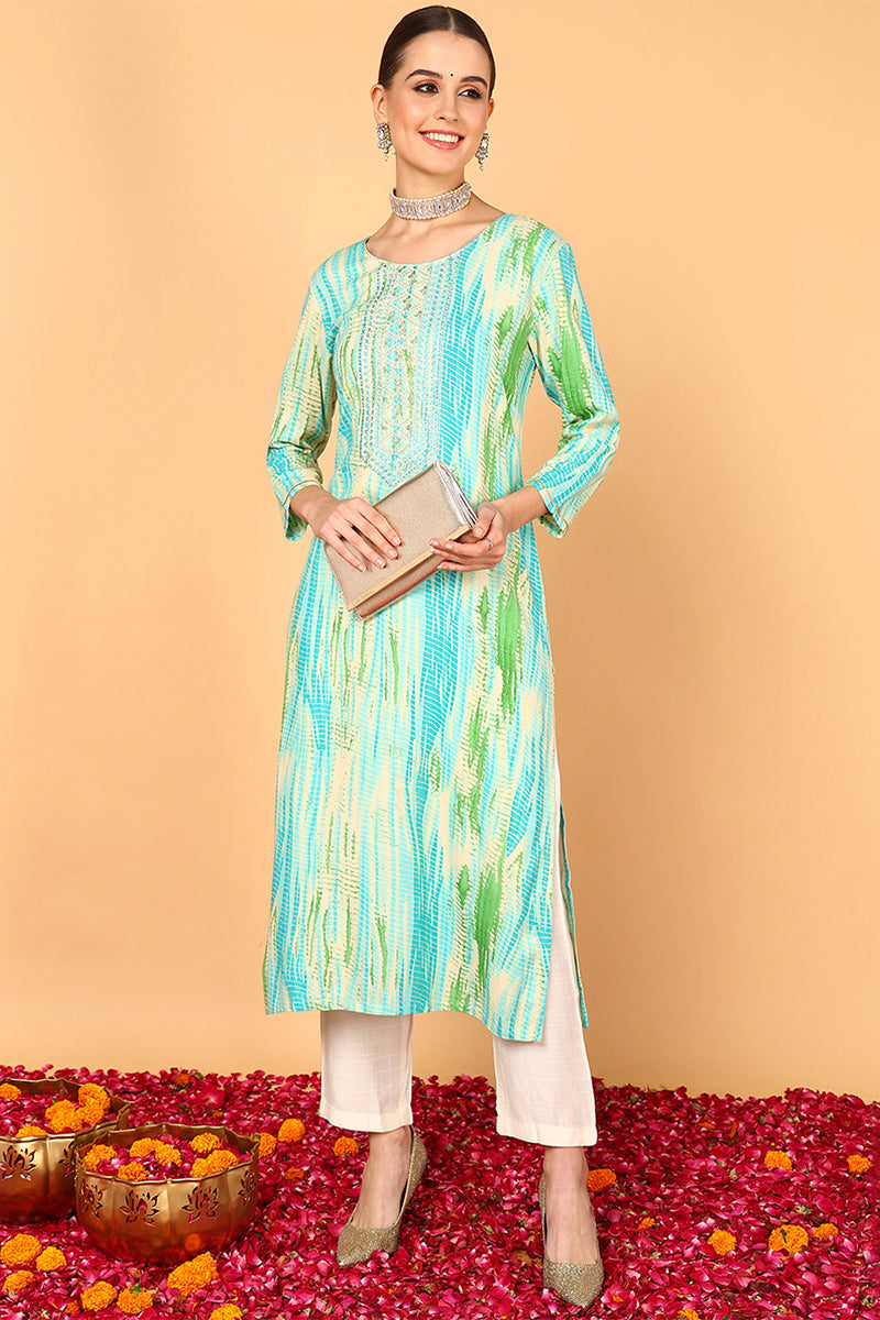 Turquoise Blue Viscose Rayon Abstract Printed Straight Kurta VCK9631