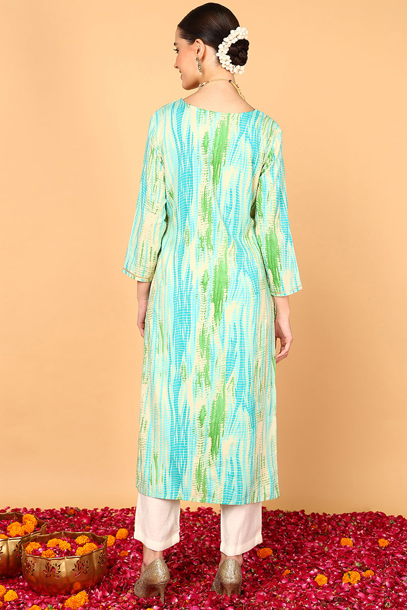 Plus Size Turquoise Blue Viscose Rayon Abstract Printed Straight Kurta VCK9631