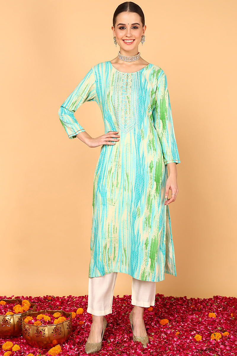 Plus Size Turquoise Blue Viscose Rayon Abstract Printed Straight Kurta VCK9631