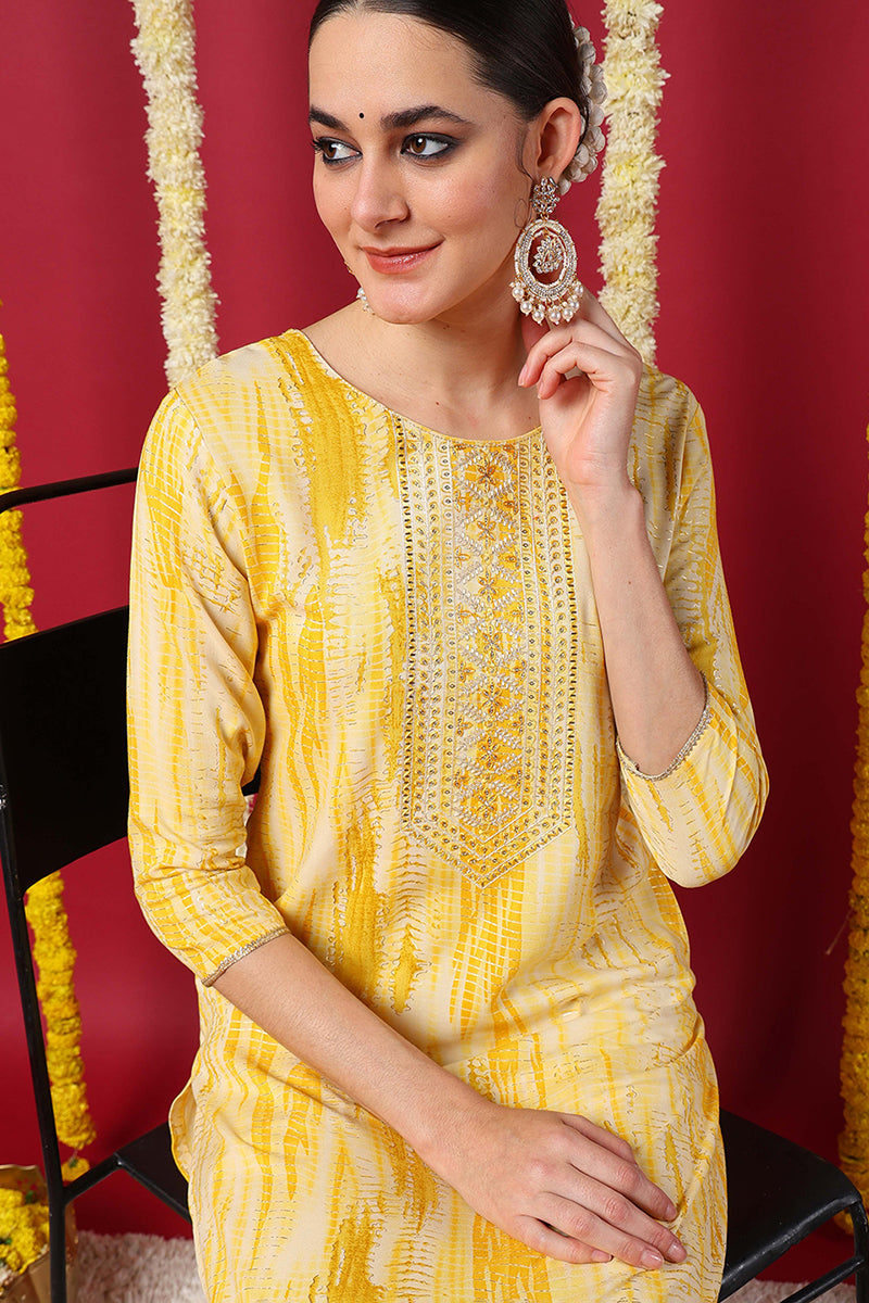 Yellow Viscose Rayon Abstract Printed Straight Kurta VCK9632