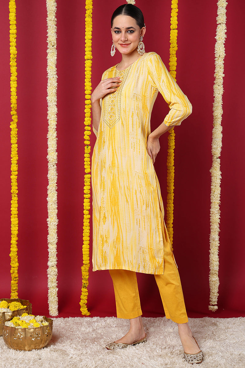 Yellow Viscose Rayon Abstract Printed Straight Kurta VCK9632