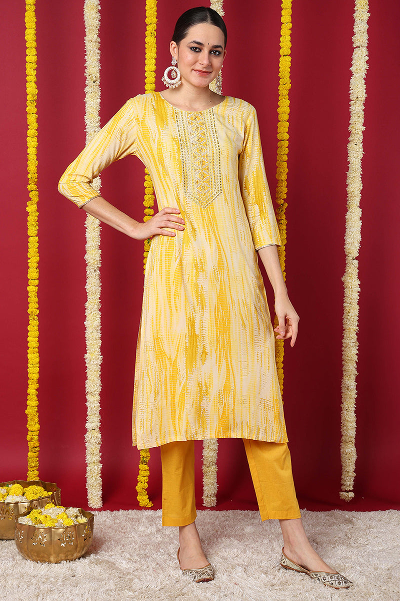 Yellow Viscose Rayon Abstract Printed Straight Kurta VCK9632