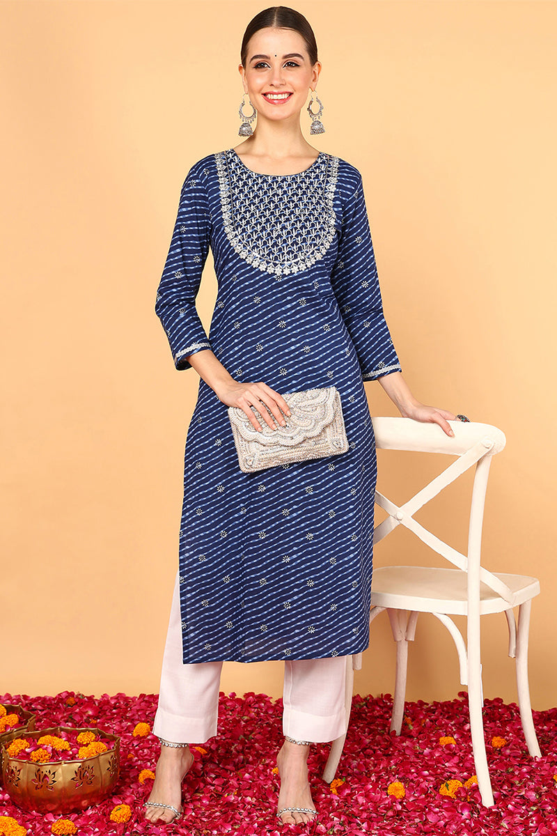 Navy Blue Cotton Leheriya Printed Straight Kurta VCK9645