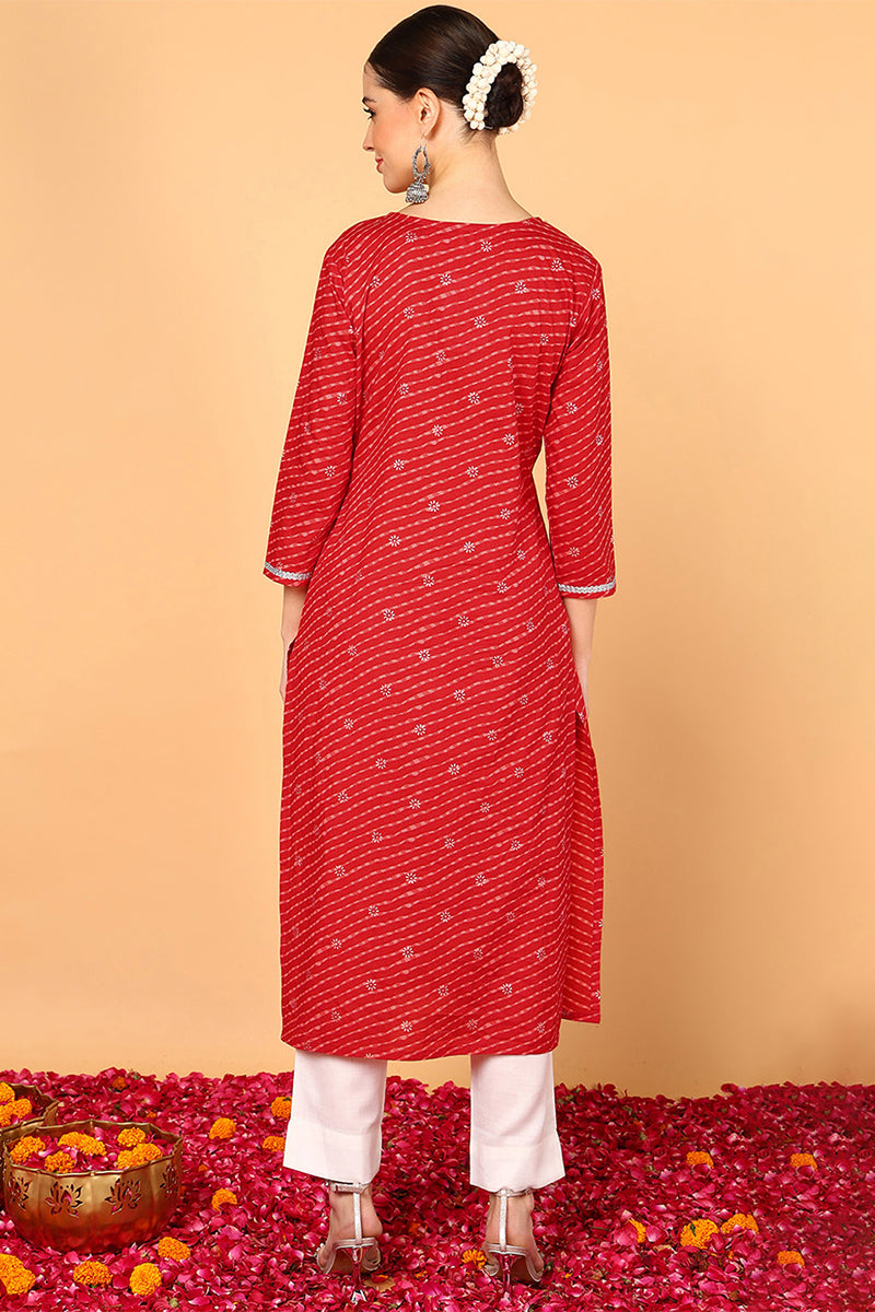 Red Cotton Leheriya Printed Straight Kurta VCK9646