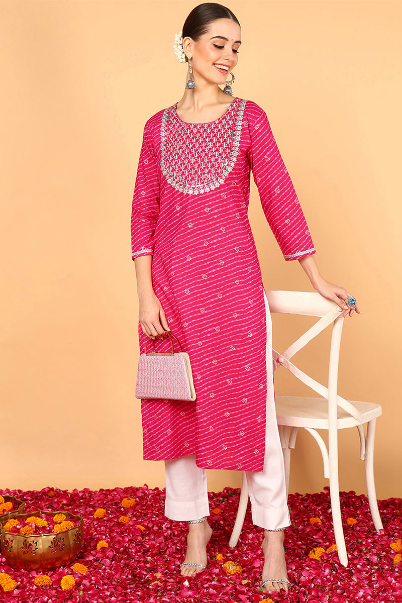 Pink Cotton Leheriya Printed Straight Kurta VCK9647