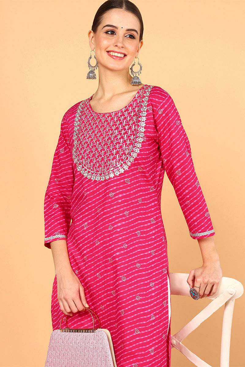 Pink Cotton Leheriya Printed Straight Kurta VCK9647