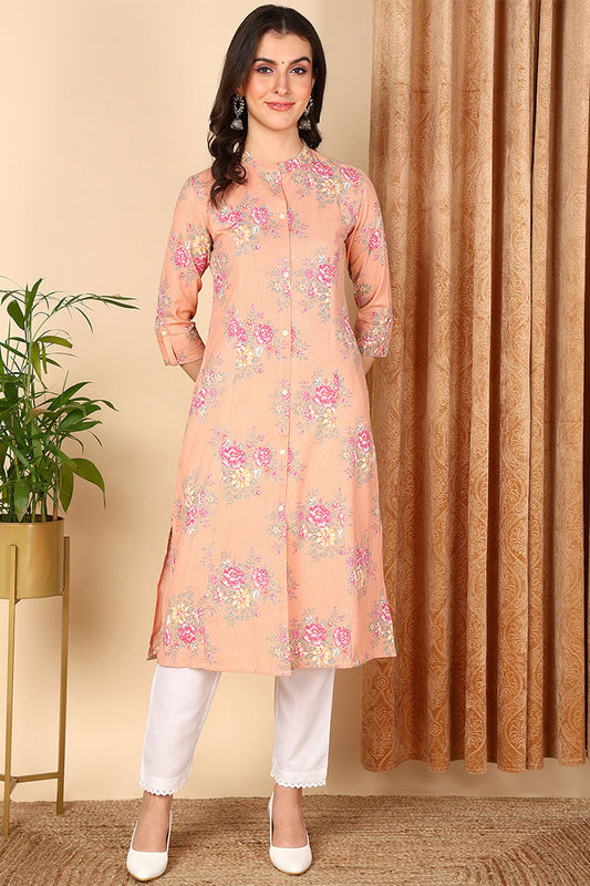 Peach Cotton Floral Printed Flared Kurta VCK9653