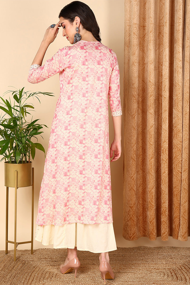 Pink Cotton Geometric Embroidered Flared Dress With Shrug VCK9666