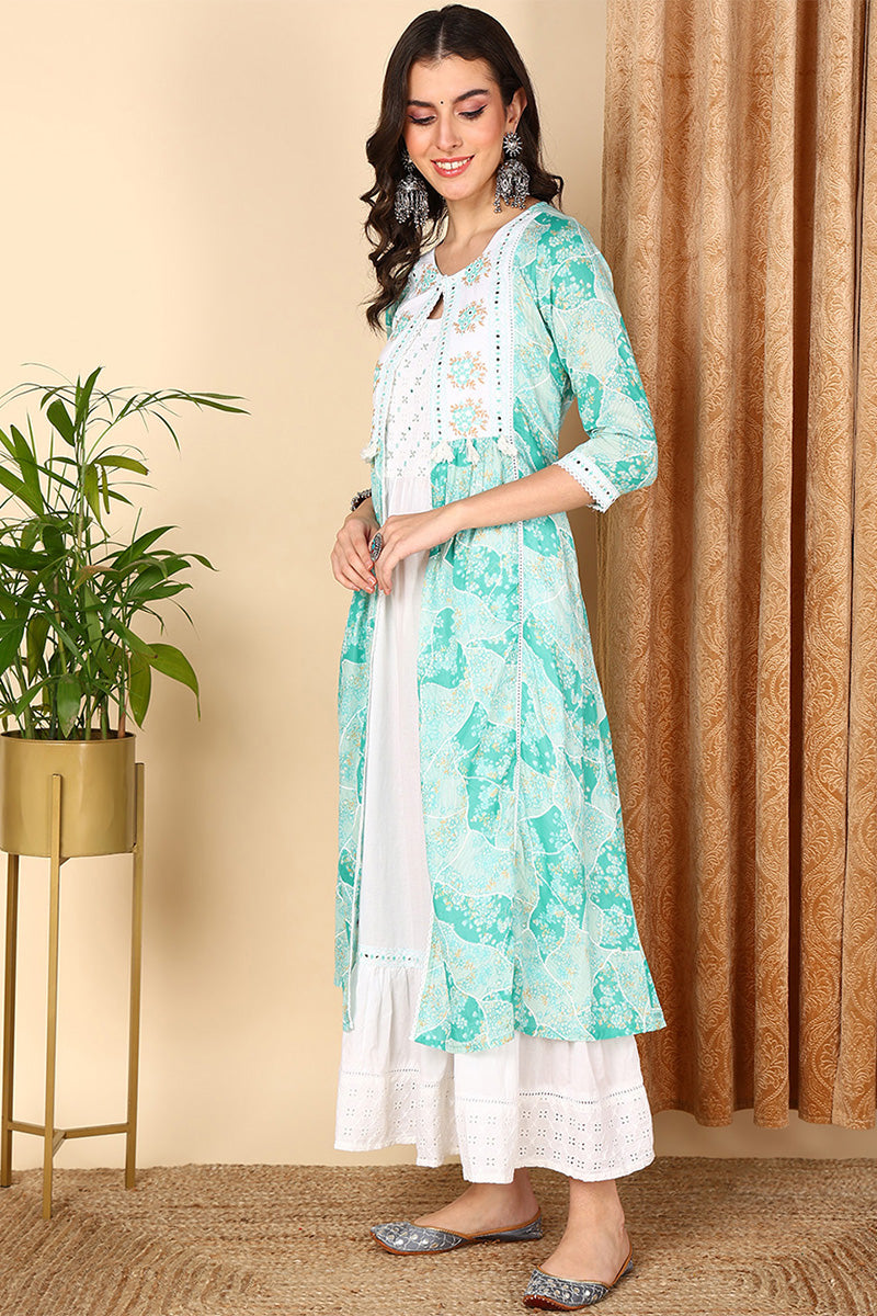 Turquoise Blue Cotton Ethnic Motifs Embroidered Flared Dress VCK9667