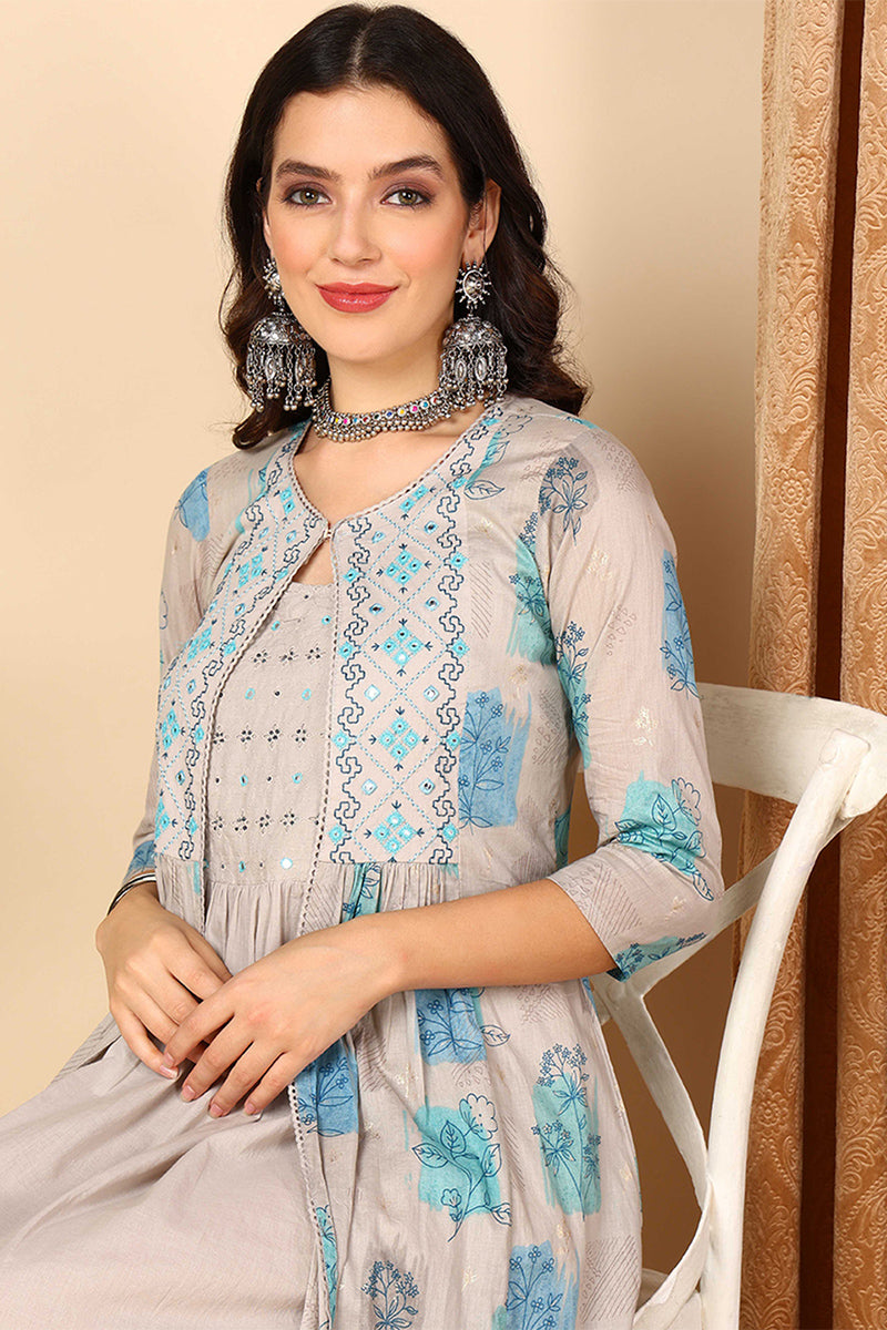 Grey Cotton Ethnic Motifs Embroidered Flared Dress With Shrug VCK9670