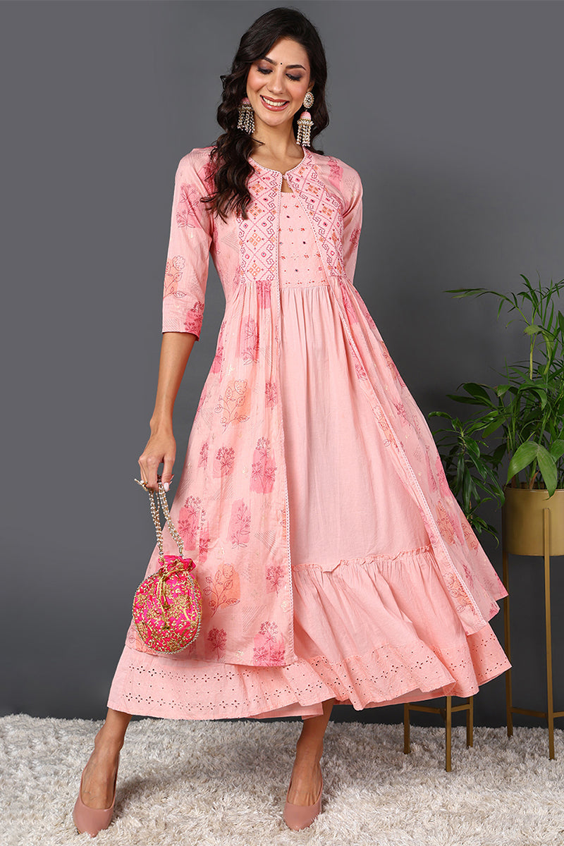 Pink Cotton Embroidered Ethnic Motifs Flared Dress With Shrug VCK9671