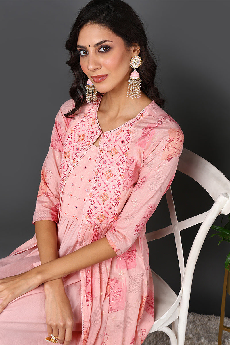 Pink Cotton Embroidered Ethnic Motifs Flared Dress With Shrug VCK9671