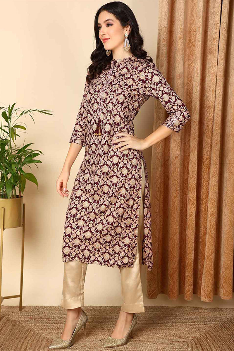 Burgundy Cotton Ethnic Motifs Printed Straight Kurta VCK9675