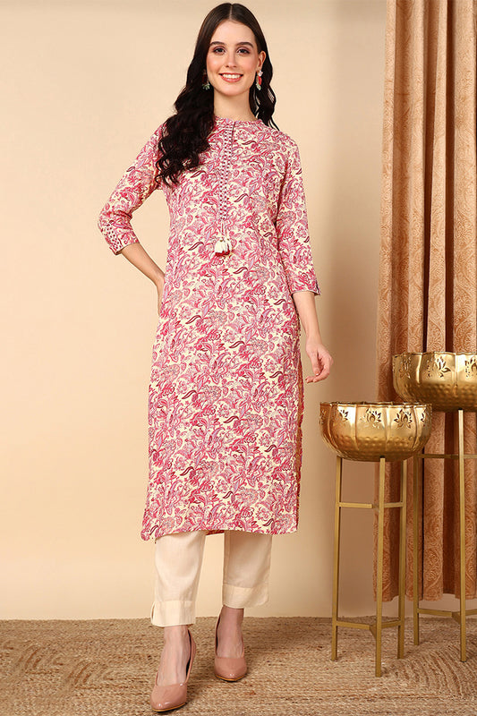 Off White Cotton Floral Printed Straight Kurta VCK9676