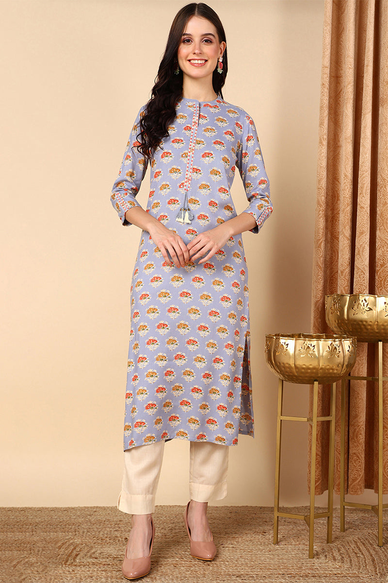 Blue Cotton Ethnic Motifs Printed Straight Kurta VCK9677