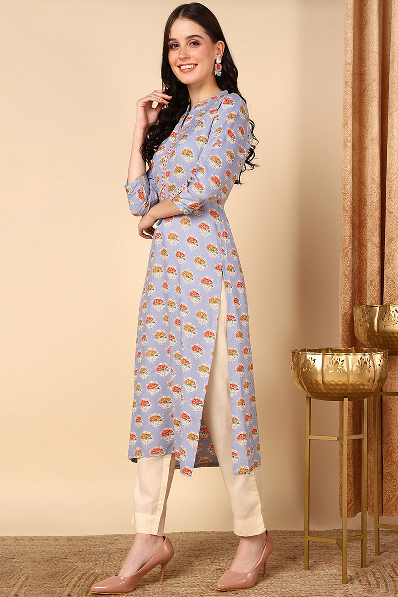 Blue Cotton Ethnic Motifs Printed Straight Kurta VCK9677