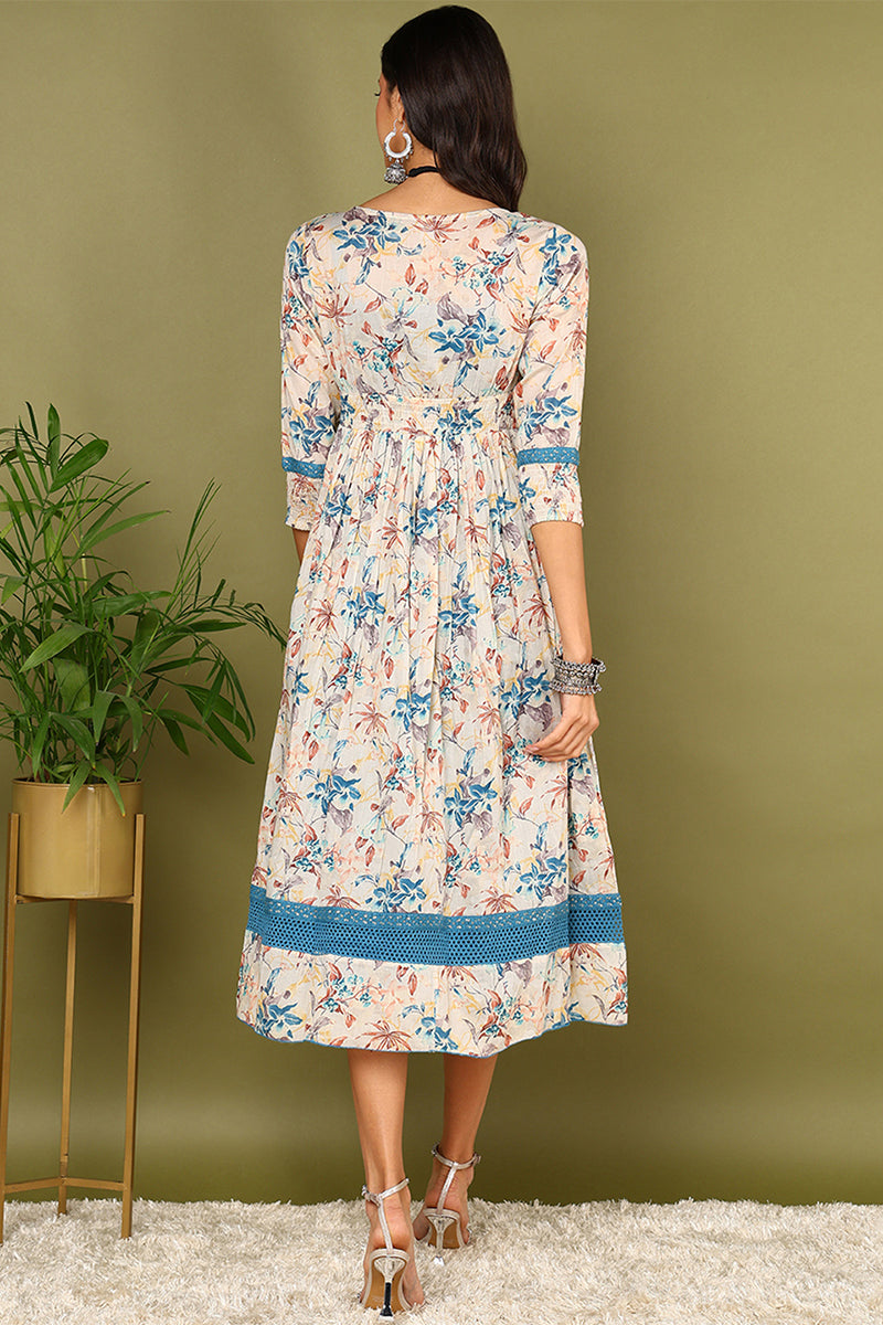 Off White Cotton Floral Printed Dress With Shrug VCK9678