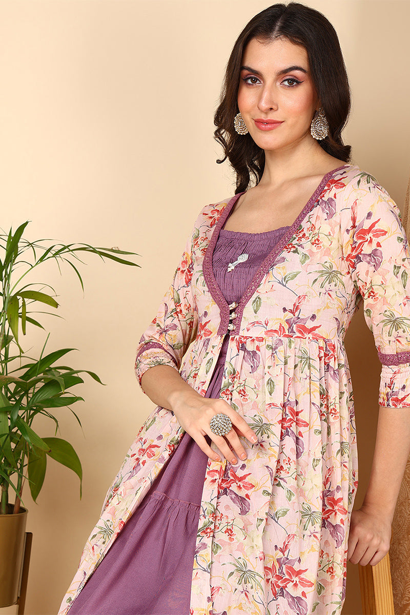 Off White Cotton Floral Printed Flared Dress With Shrug VCK9679