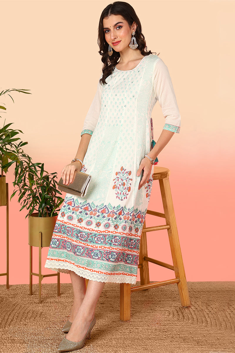 Off White Cotton Floral Printed Flared Anarkali Dress VCK9681