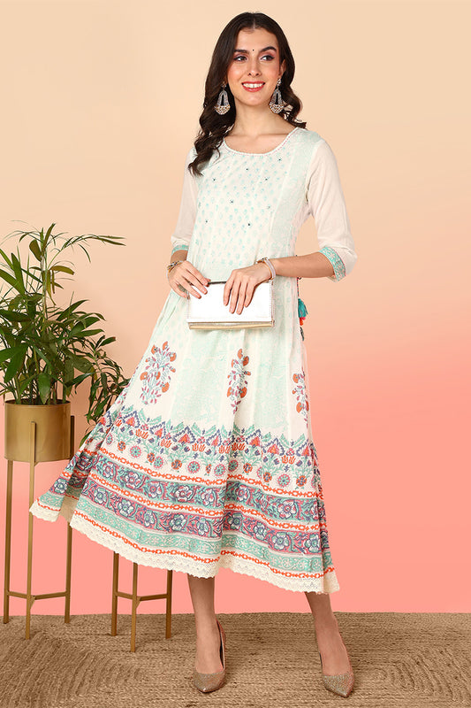 Off White Cotton Floral Printed Flared Anarkali Dress VCK9681