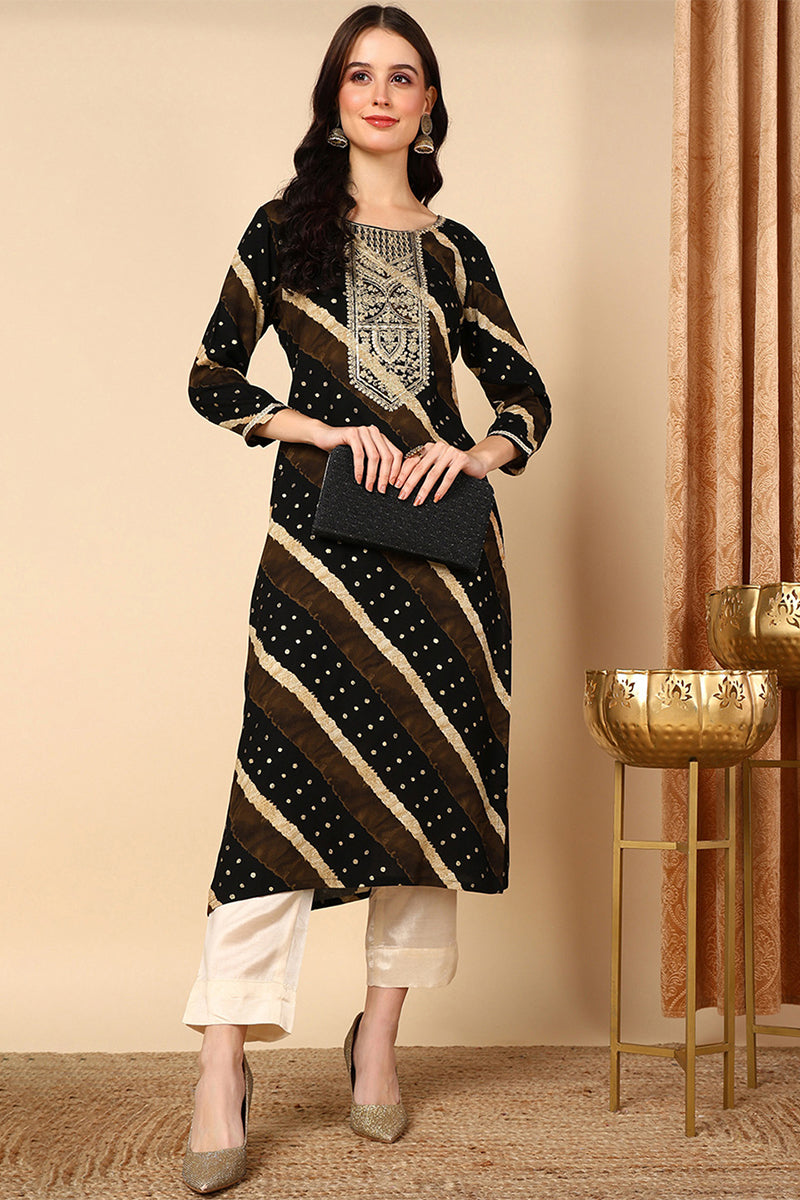 Plus Size Black Viscose Rayon Leheriya Printed Straight Kurta VCK9684