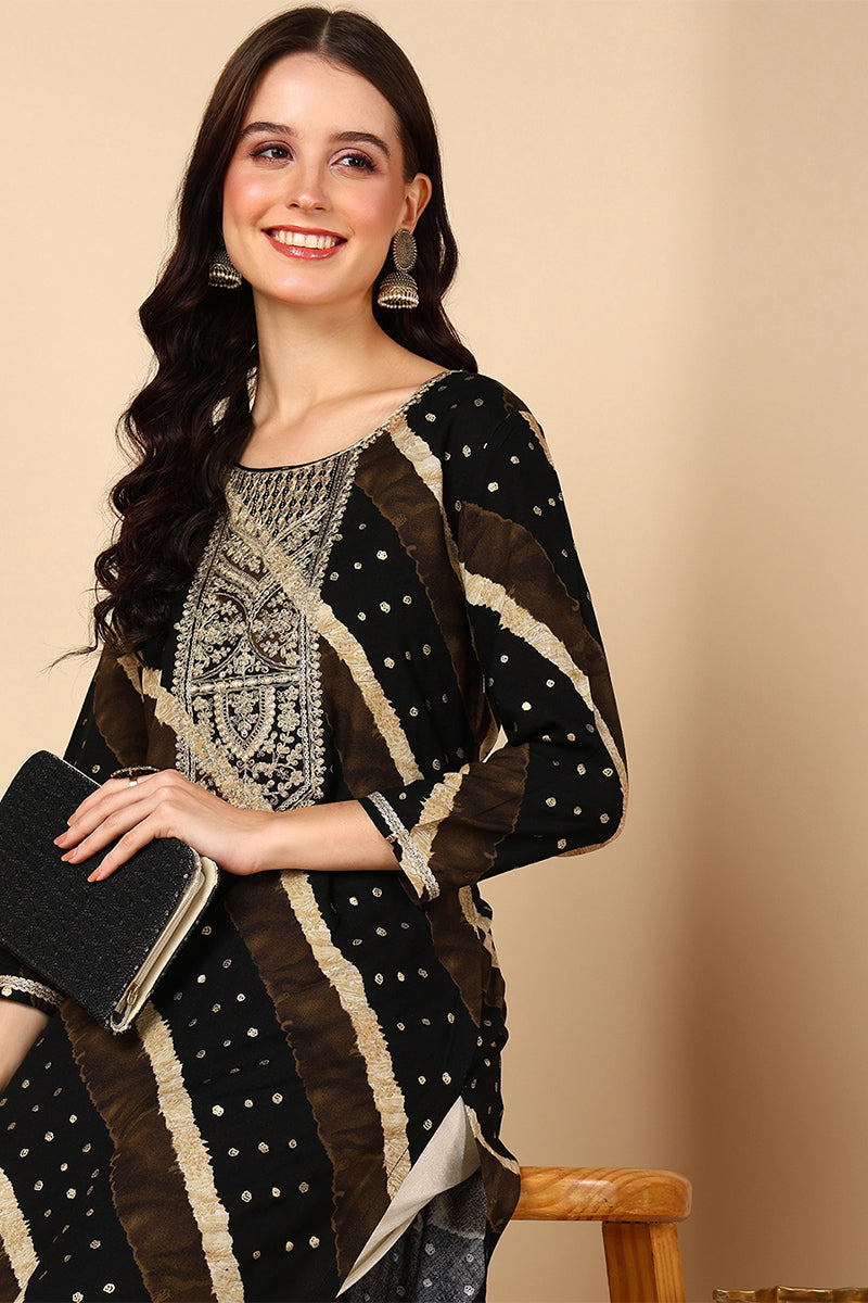 Plus Size Black Viscose Rayon Leheriya Printed Straight Kurta VCK9684