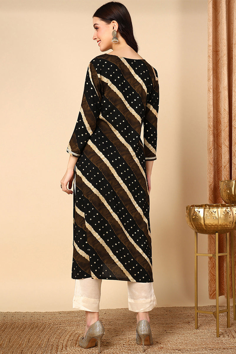 Plus Size Black Viscose Rayon Leheriya Printed Straight Kurta VCK9684