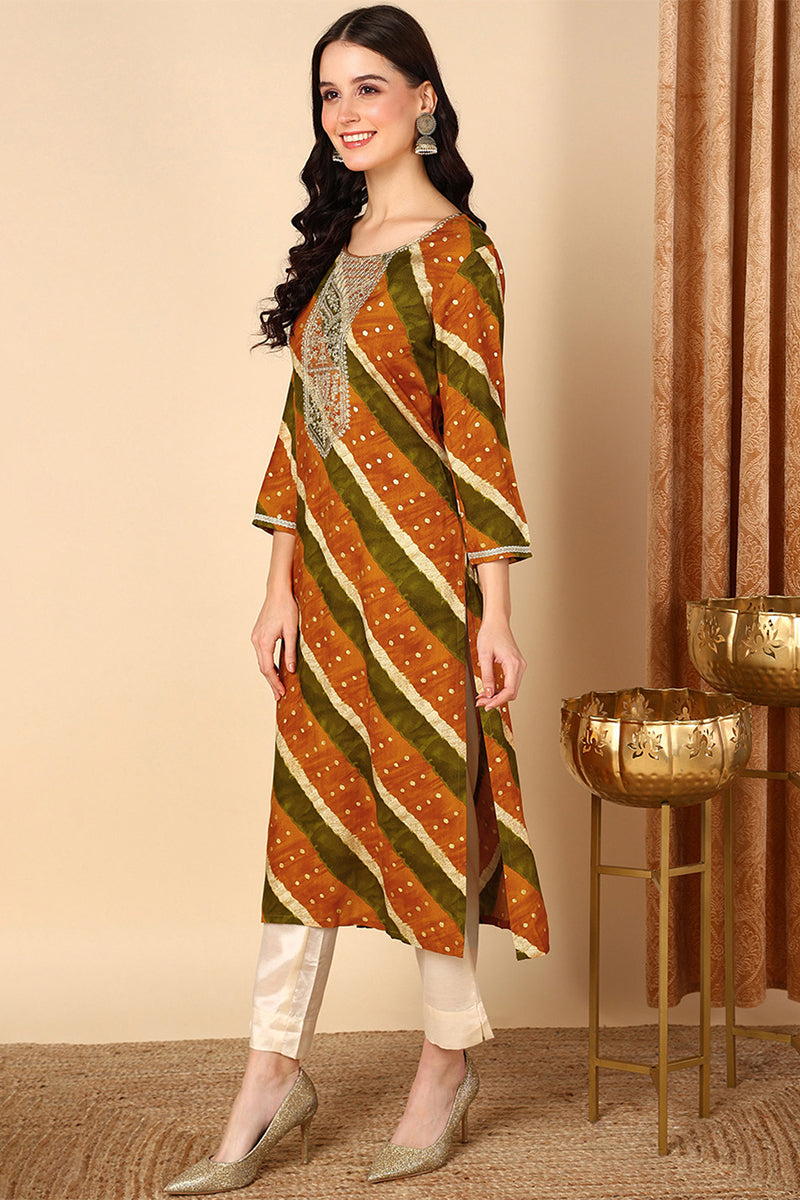 Mustard Yellow Viscose Rayon Leheriya Printed Straight Kurta VCK9686