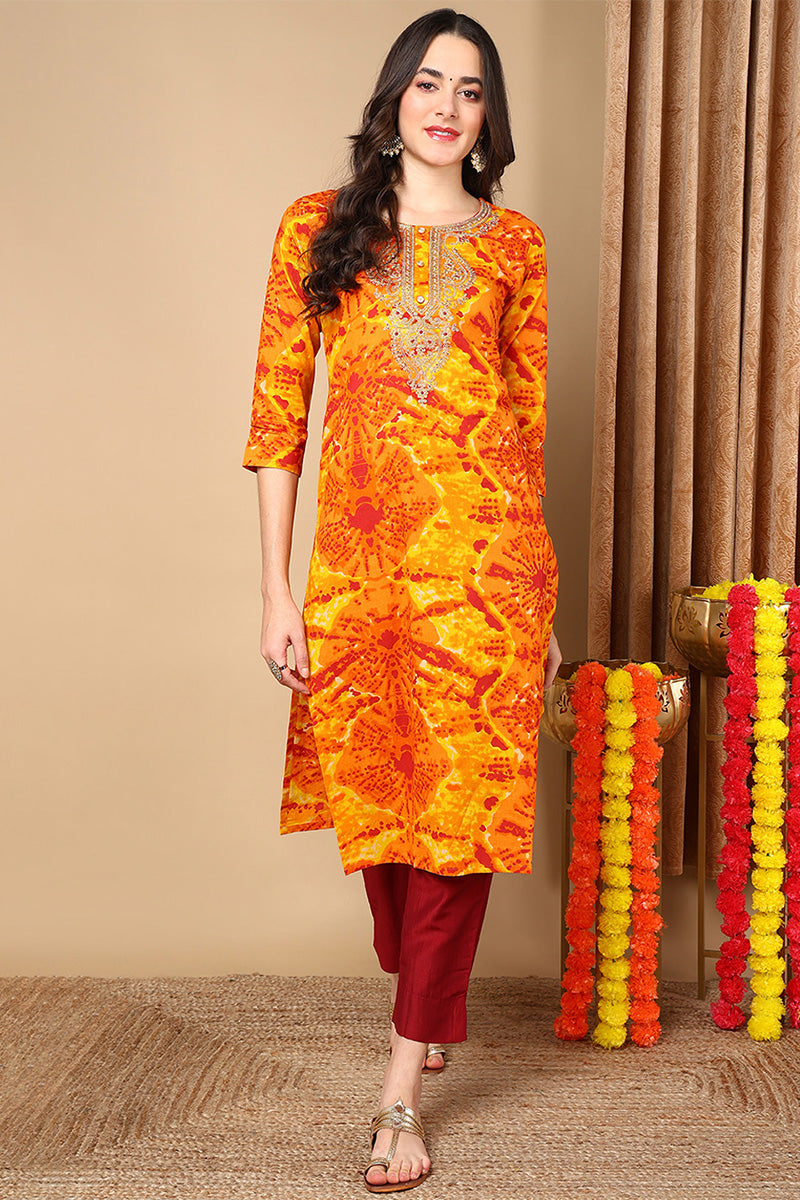 Plus Size Orange Viscose Rayon Abstract Printed Straight Kurta VCK9691