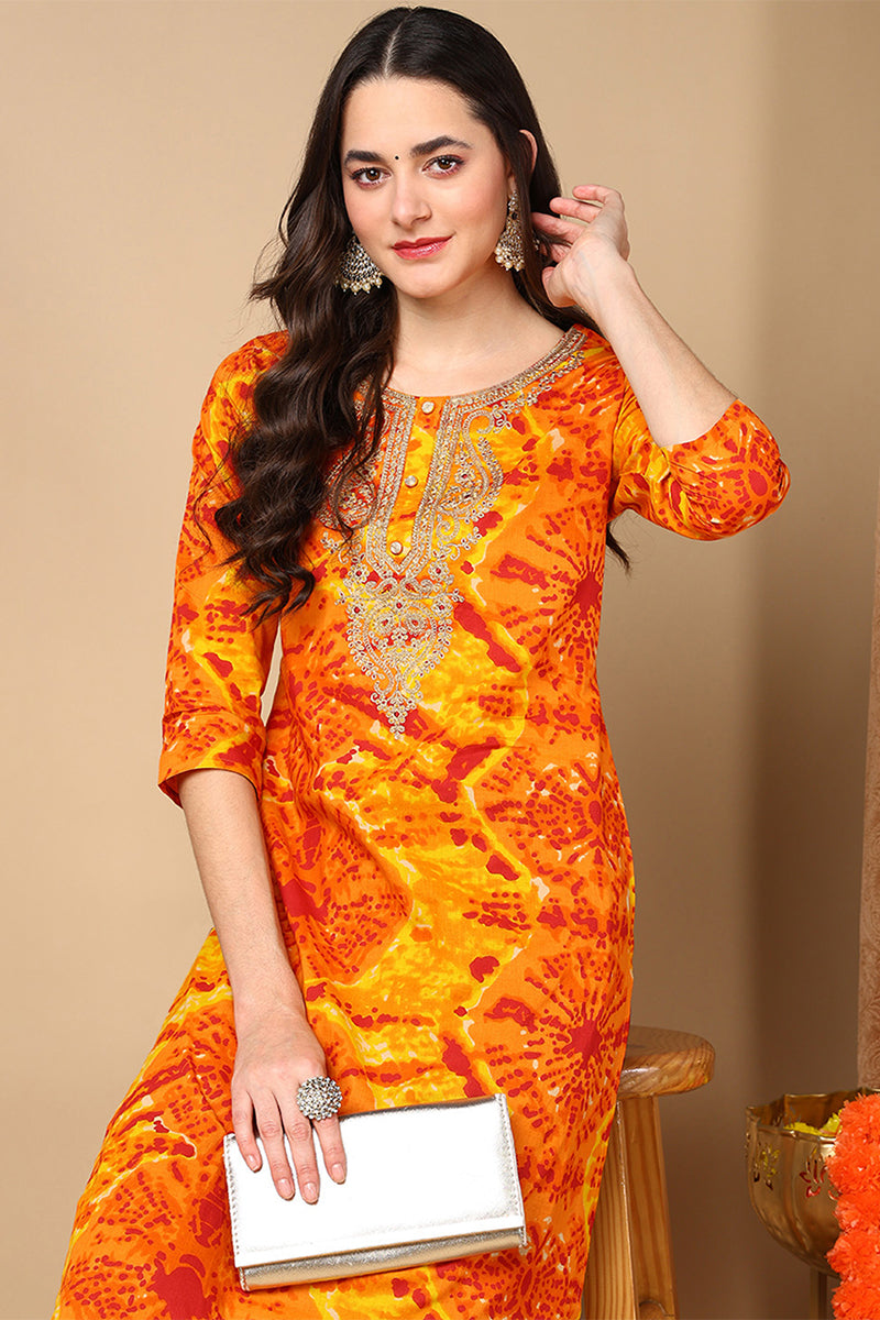 Plus Size Orange Viscose Rayon Abstract Printed Straight Kurta VCK9691