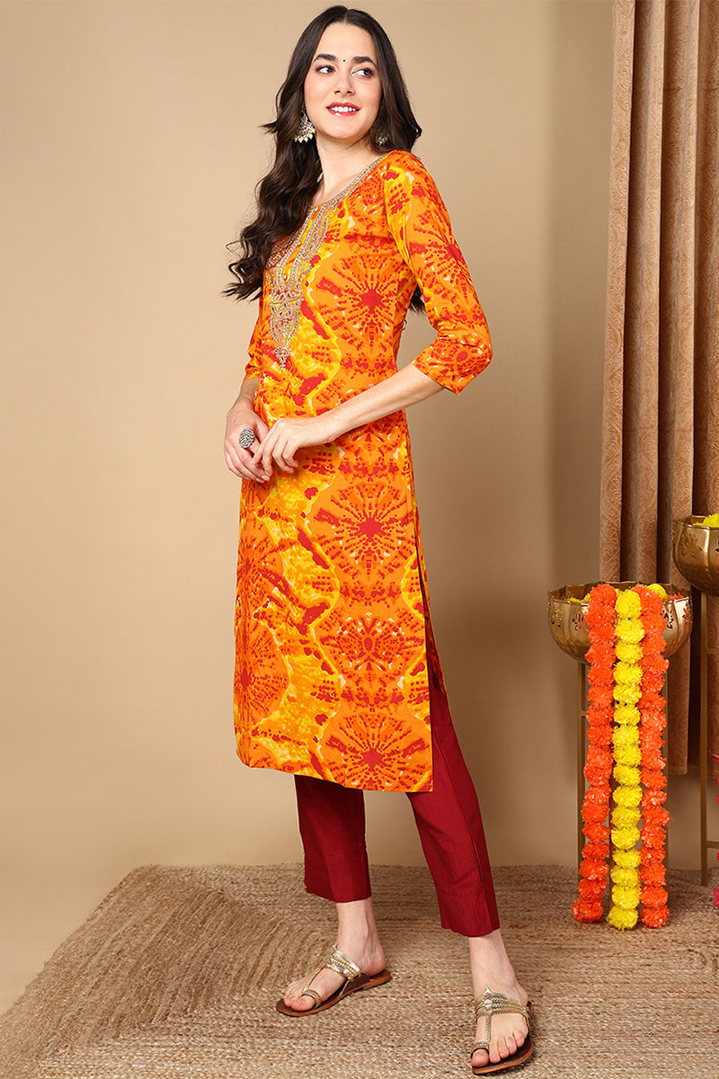 Plus Size Orange Viscose Rayon Abstract Printed Straight Kurta VCK9691