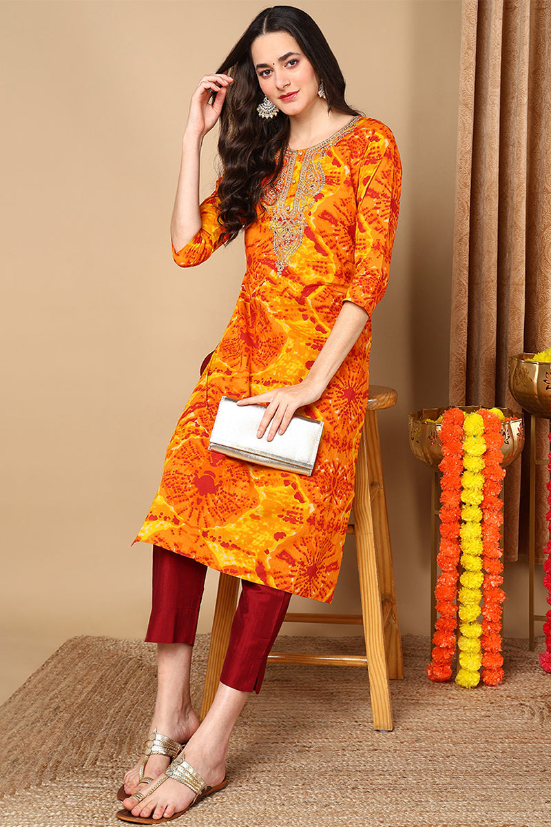 Plus Size Orange Viscose Rayon Abstract Printed Straight Kurta VCK9691