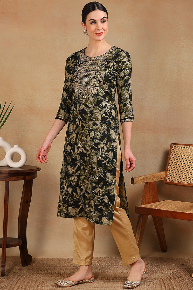 Green Silk Blend Floral Printed Straight Kurta VCK9697