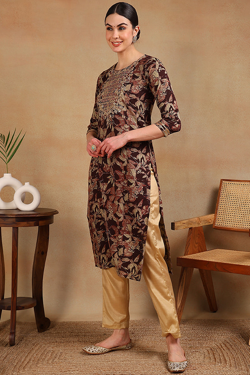 Maroon Silk Blend Floral Printed Straight Kurta VCK9699