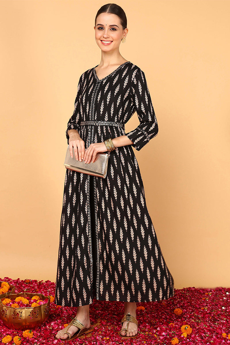 Black Viscose Rayon Ethnic Motifs Printed Flared Kurta VCK9717