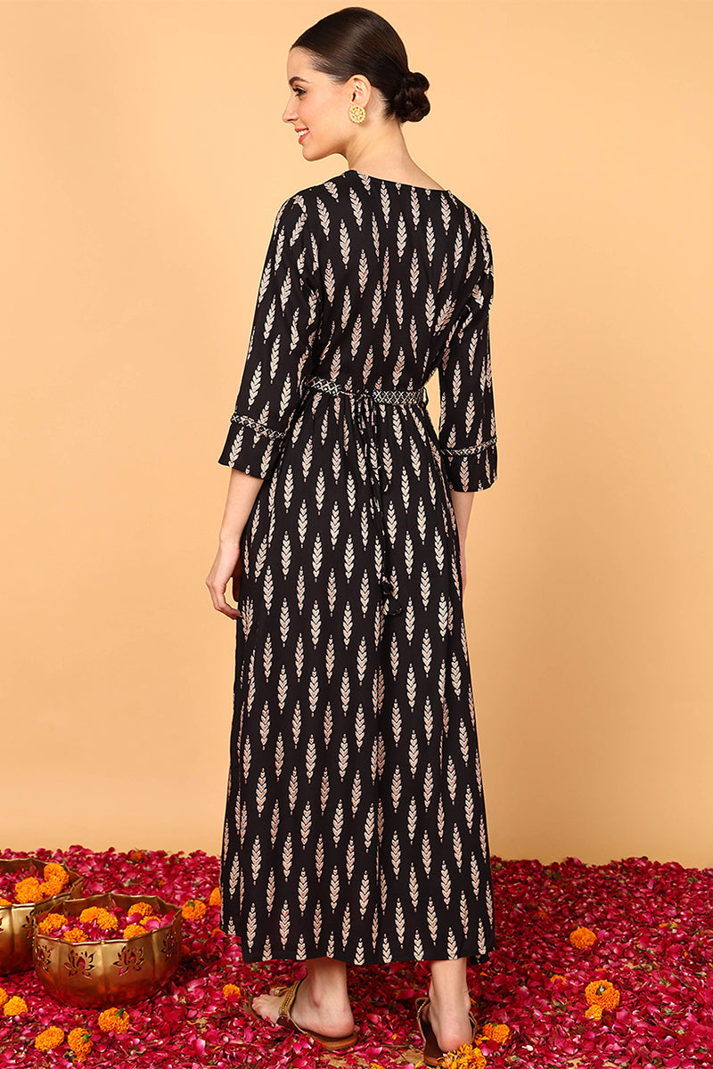 Black Viscose Rayon Ethnic Motifs Printed Flared Kurta VCK9717