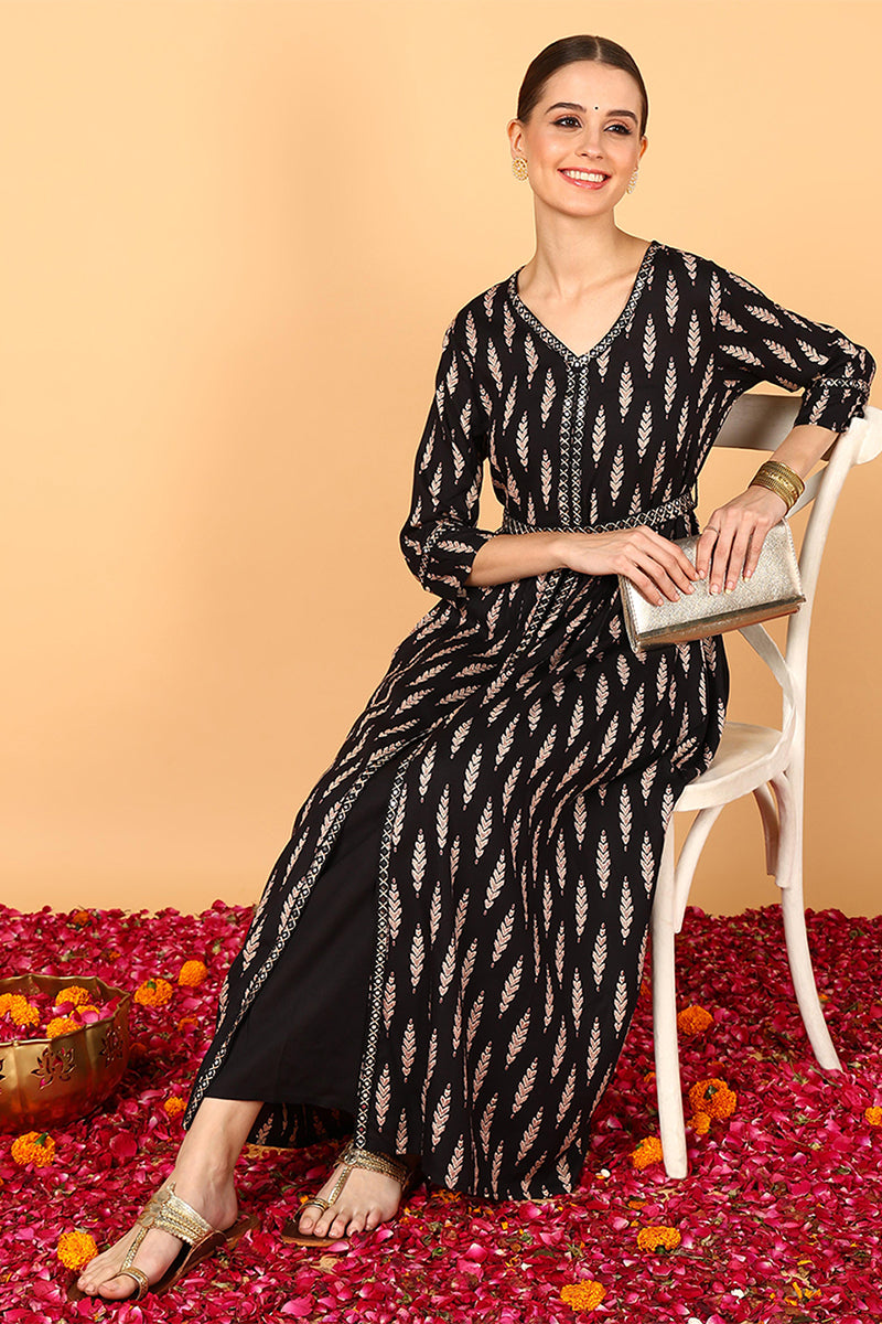 Black Viscose Rayon Ethnic Motifs Printed Flared Kurta VCK9717