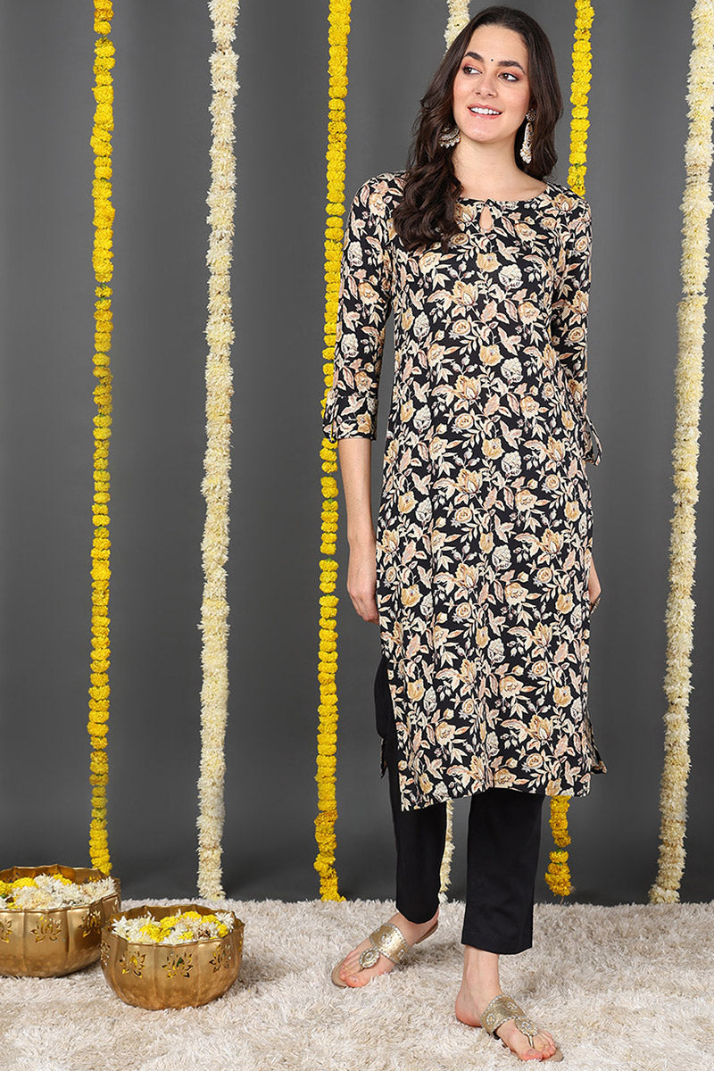 Black Viscose Rayon Floral Printed Straight Kurta VCK9720