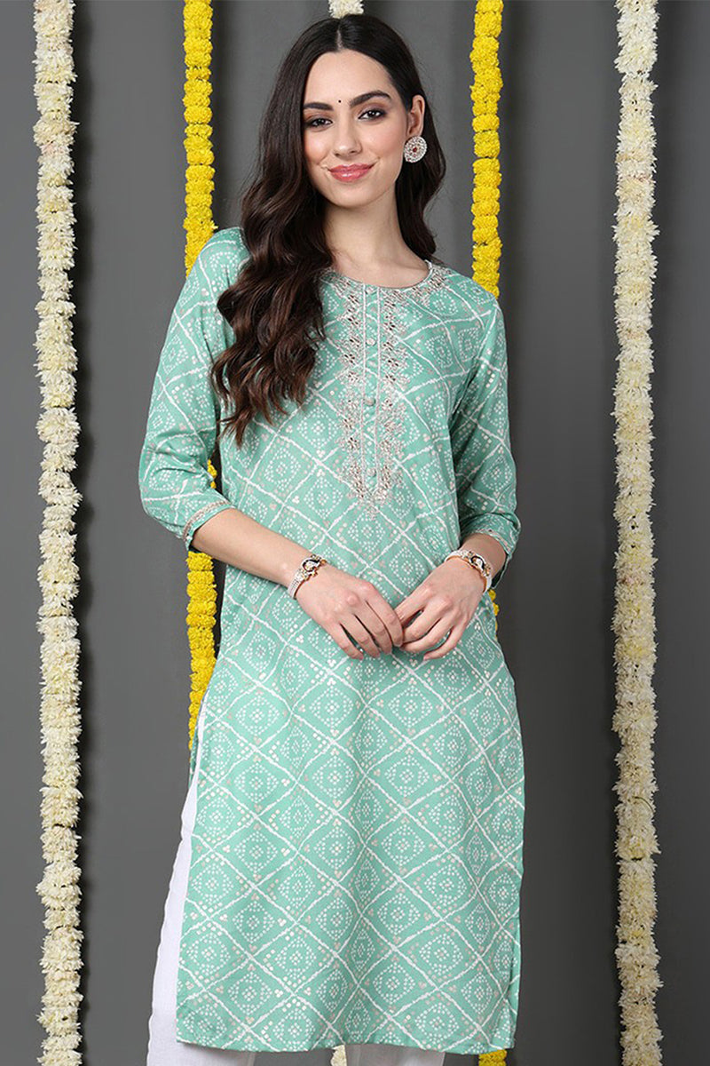 Sea Green Cotton Blend Bandhani Printed Straight Kurta VCK9740