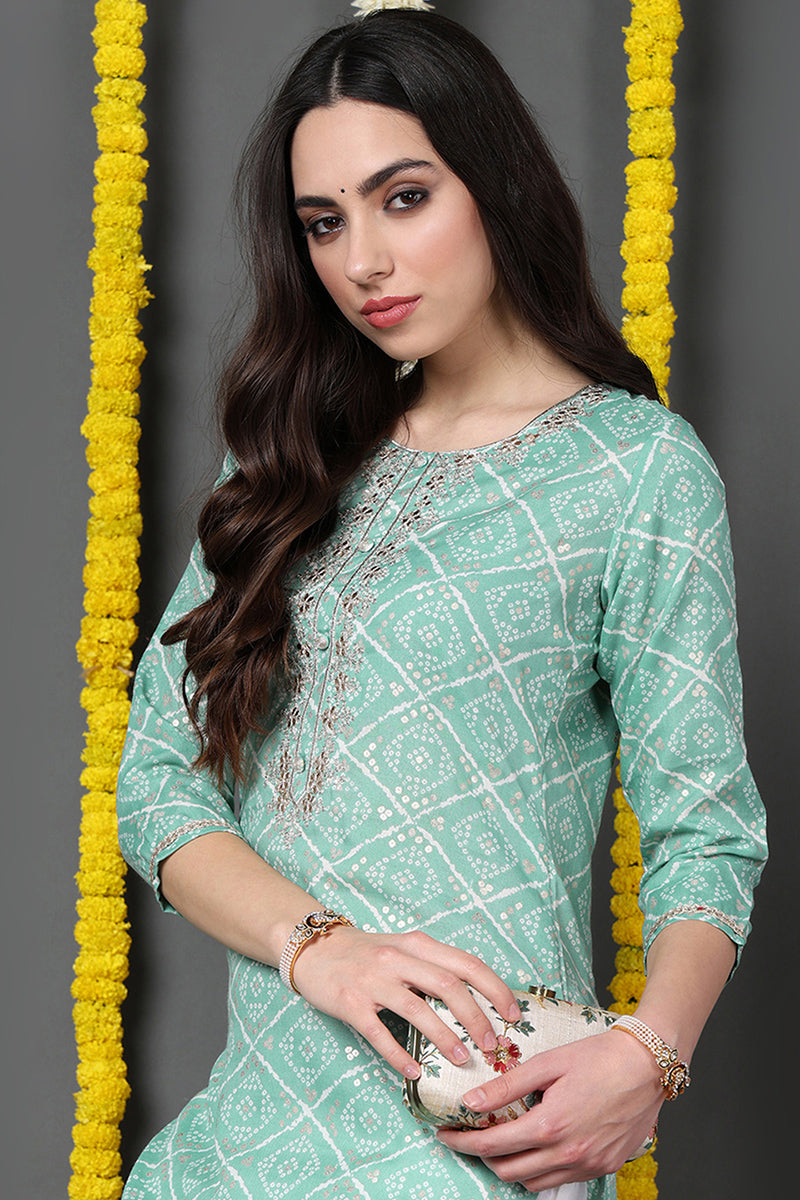 Sea Green Cotton Blend Bandhani Printed Straight Kurta VCK9740