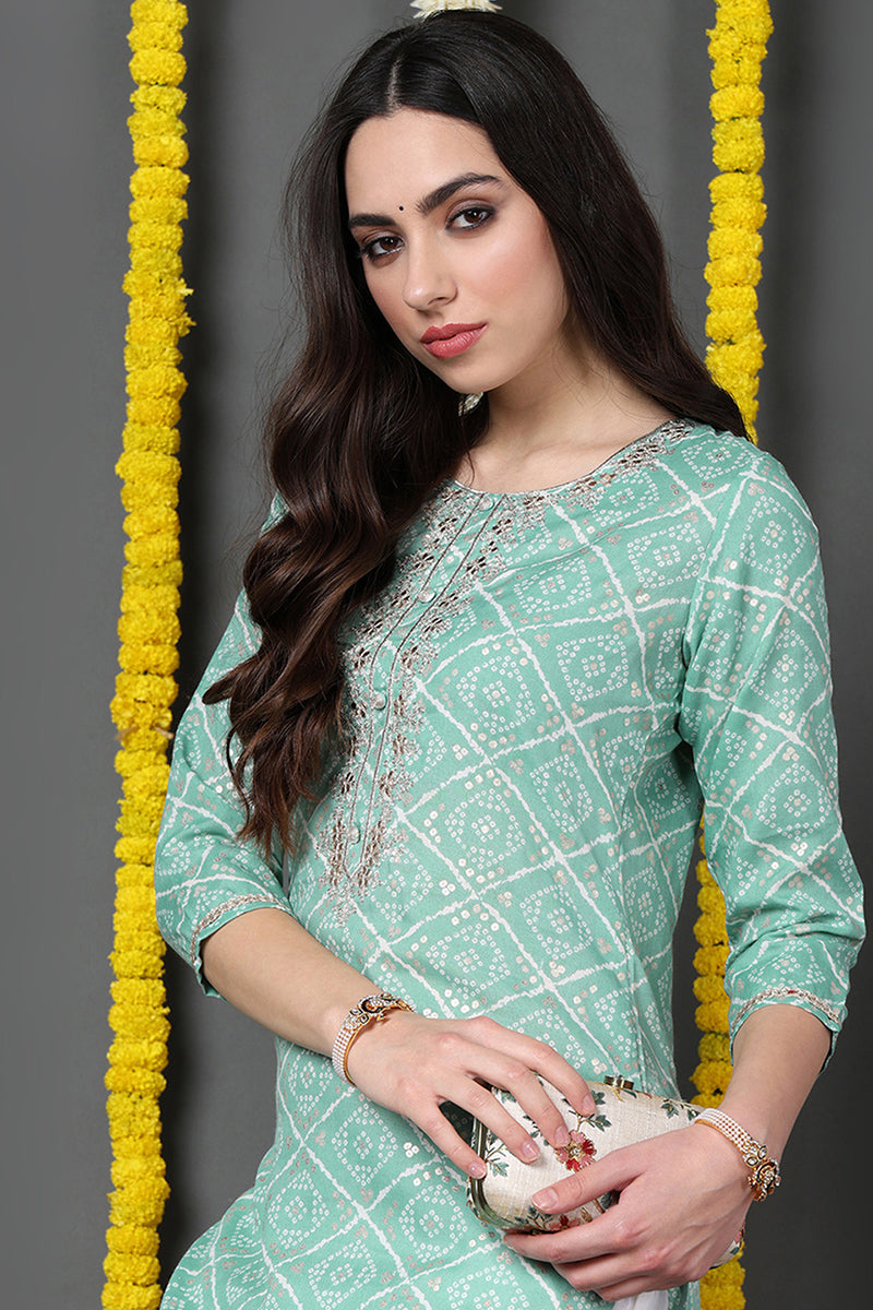 Sea Green Cotton Blend Bandhani Printed Straight Kurta VCK9740