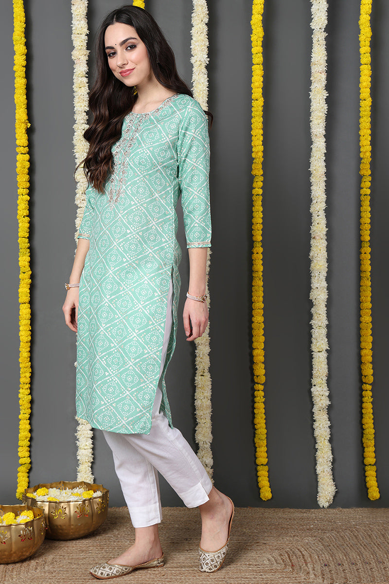 Sea Green Cotton Blend Bandhani Printed Straight Kurta VCK9740