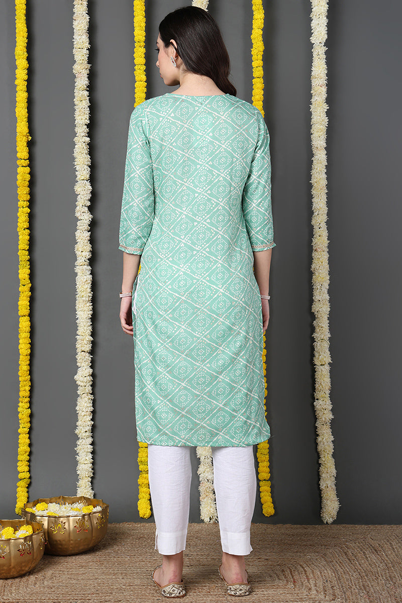 Sea Green Cotton Blend Bandhani Printed Straight Kurta VCK9740