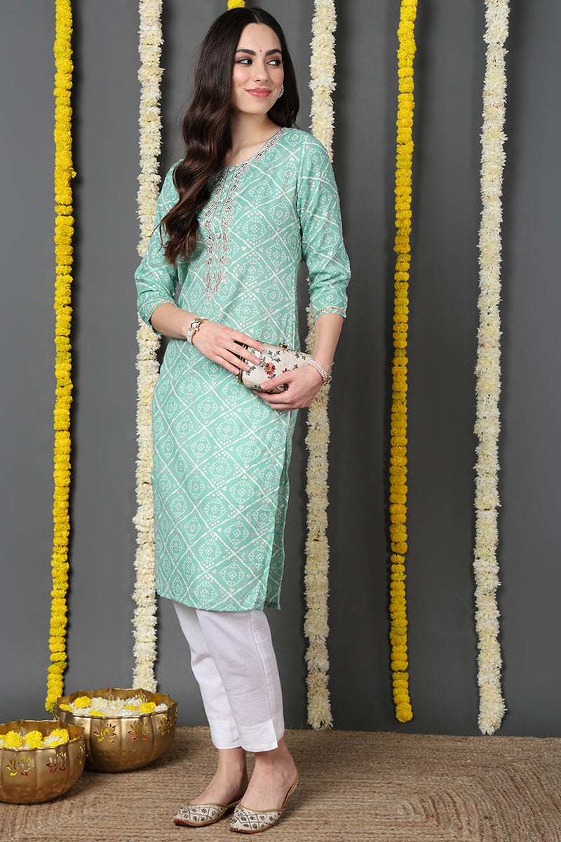 Sea Green Cotton Blend Bandhani Printed Straight Kurta VCK9740