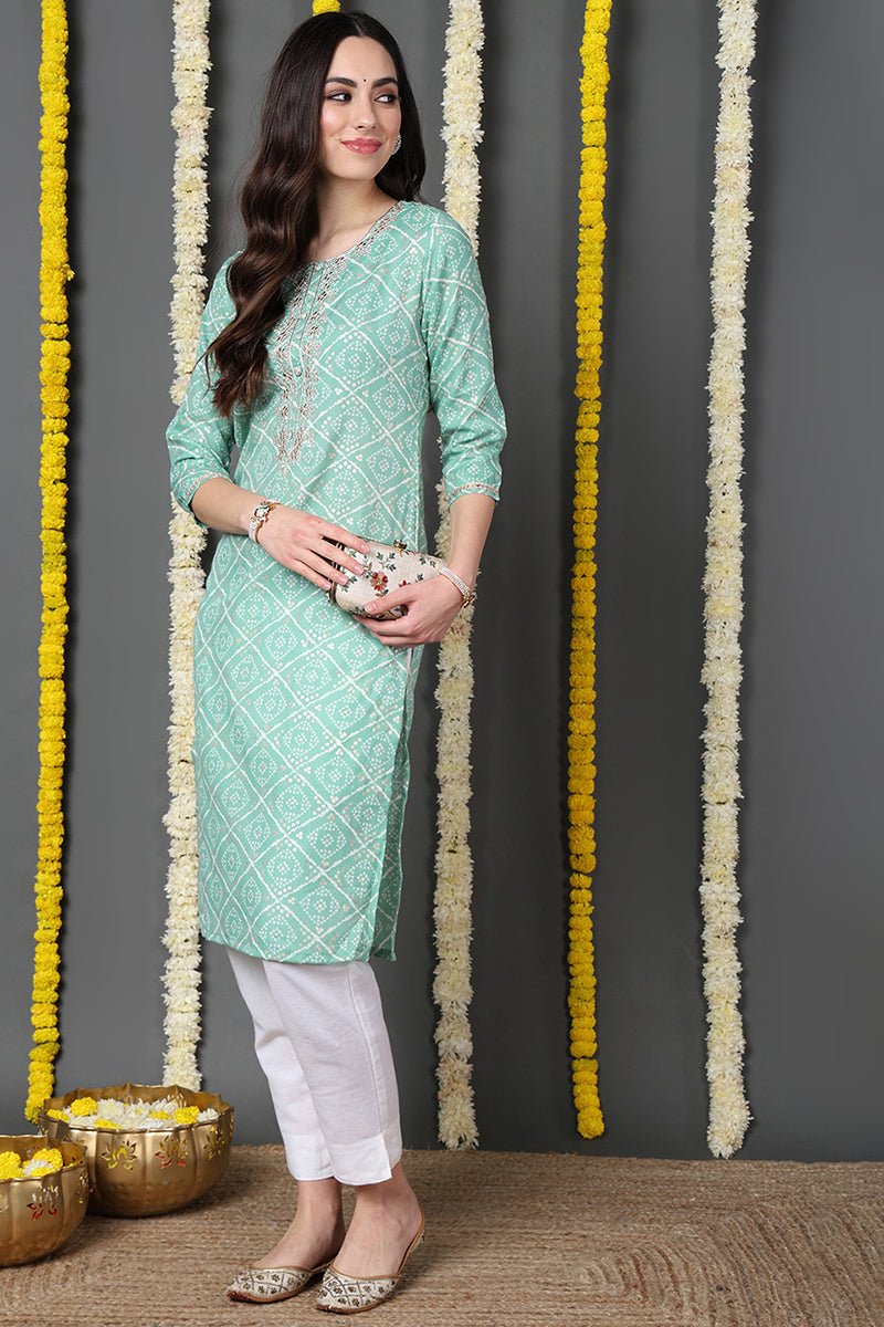 Sea Green Cotton Blend Bandhani Printed Straight Kurta VCK9740